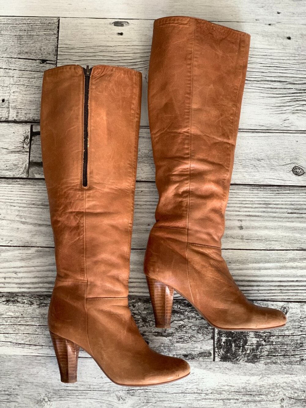 Miz Mooz Boots 8 Cognac Distressed Leather Tall Riding Knee High Heel Zip Boho - Picture 3 of 13